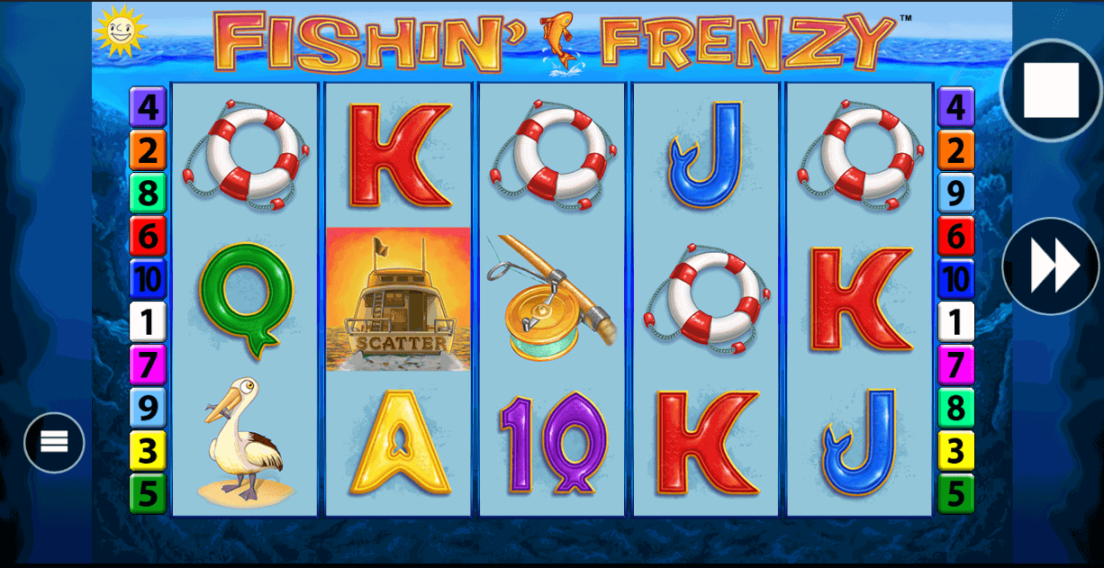 Underwater free games screen from Fishin' Frenzy showing the fisherman wild symbol standing among fish tagged with cash values while sunlight breaks through the blue water.